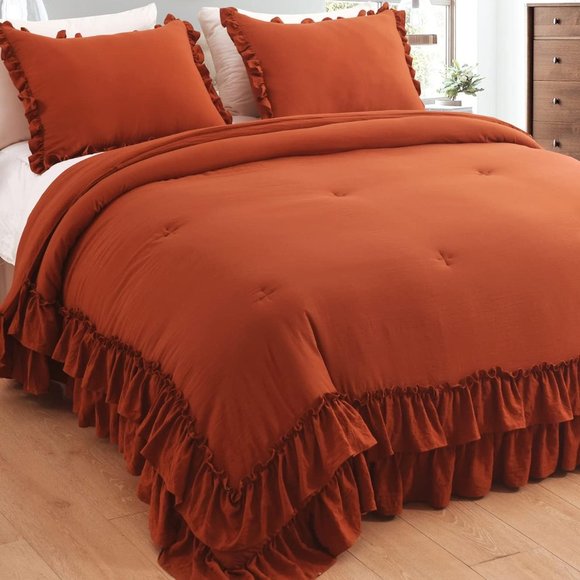 Terra Cotta Queen Size Bed Comforter Set Stone Wash Bedding Burnt Orange Pumpkin - Picture 1 of 11